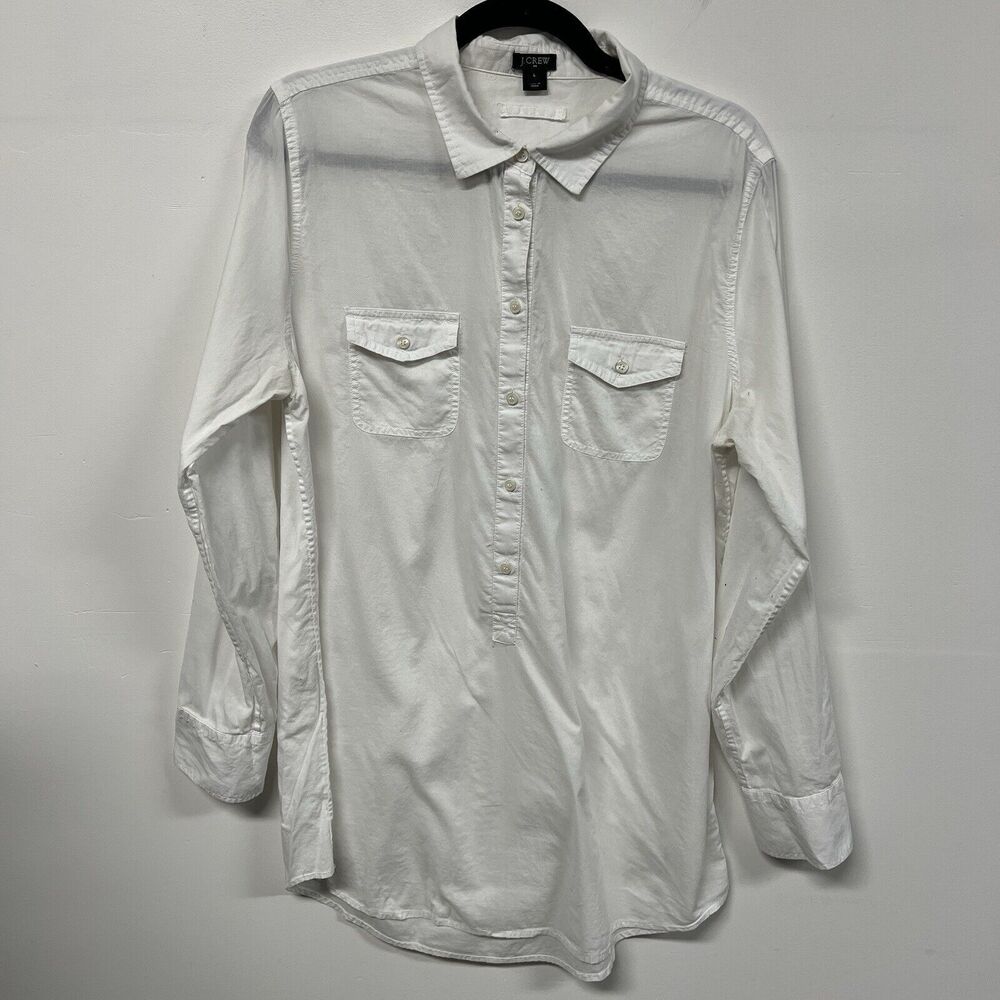 J Crew Chambray Pocket Tunic Womens Size L White Button Up Shirt Collared Work - Picture 1 of 13